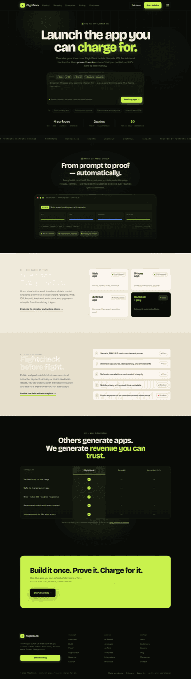 FlightDeck product surface — AppSpec, generated apps, and Flightcheck gates